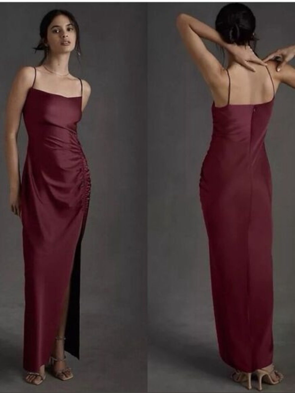 ♥️ Anthropologie BHLDN Berry Satin Cowl Neck Ruched Maxi Gown Wedding Guest